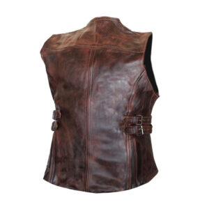 Women's Leather Motorcycle Vest In Dark Brown