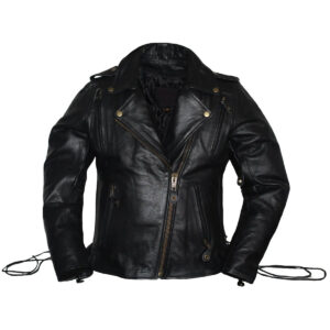 Women Lace Up Black Leather Jacket