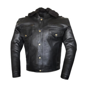 Men's Black Leather Jacket With Hood