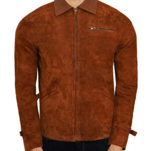 Men Suede Trucker Leather Jacket In Brown