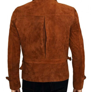 Men Suede Trucker Leather Jacket In Brown
