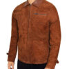 Men Suede Trucker Leather Jacket In Brown
