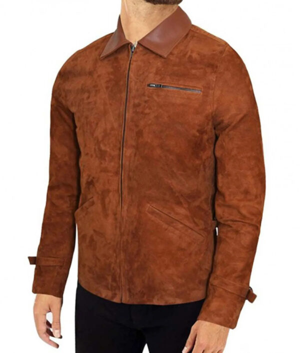 Men Suede Trucker Leather Jacket In Brown