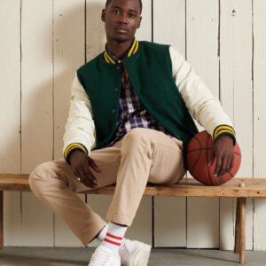 Men’s Leather Varsity Jacket In Green & White Sleeves