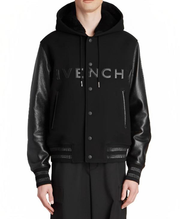 Men’s Varsity Hooded Leather Jacket In Black
