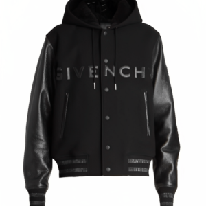 Men’s Hooded Varsity Leather Jacket In Black