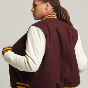 Men’s Leather Varsity Jacket In Dark Brown & White Sleeves