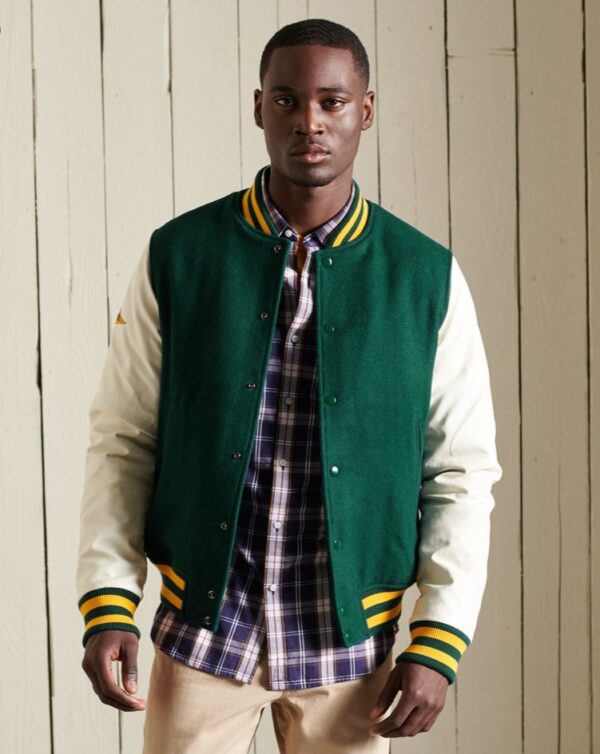 Men’s Varsity Leather Jacket In Green & White Sleeves