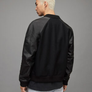 Men’s Bomber Varsity Leather Jacket In Black