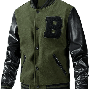 Men’s Khaki Leather Varsity Jacket With Black Sleeves