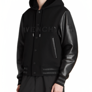 Men’s Hooded Varsity Leather Jacket In Black