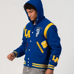 Men’s Varsity Hooded Leather Jacket In Blue