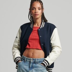 Women’s Blue Leather Varsity Jacket With White Sleeves