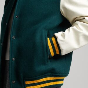 Women’s Green Leather Varsity Jacket With White Sleeves