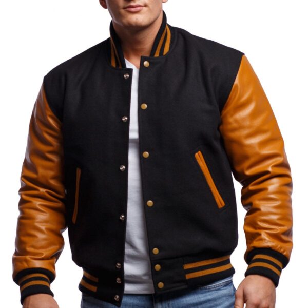 Men’s Black Leather Varsity Jacket With Brown Sleeves