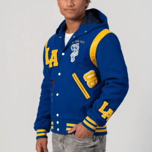 Men’s Varsity Hooded Leather Jacket In Blue