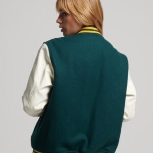 Women’s Green Leather Varsity Jacket With White Sleeves