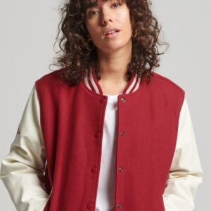Women’s Red Leather Varsity Jacket With White Sleeves
