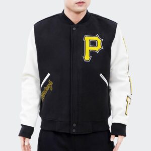 Men’s Black Varsity Leather Jacket With White Sleeves