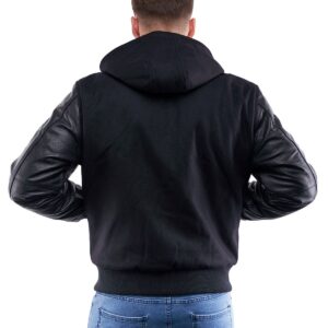Men’s Hooded Leather Varsity Jacket In Black