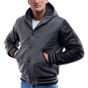 Men’s Hooded Leather Varsity Jacket In Gray