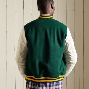 Men’s Leather Varsity Jacket In Green & White Sleeves