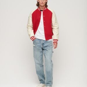 Men’s Leather Varsity Jacket In Red & White Sleeves