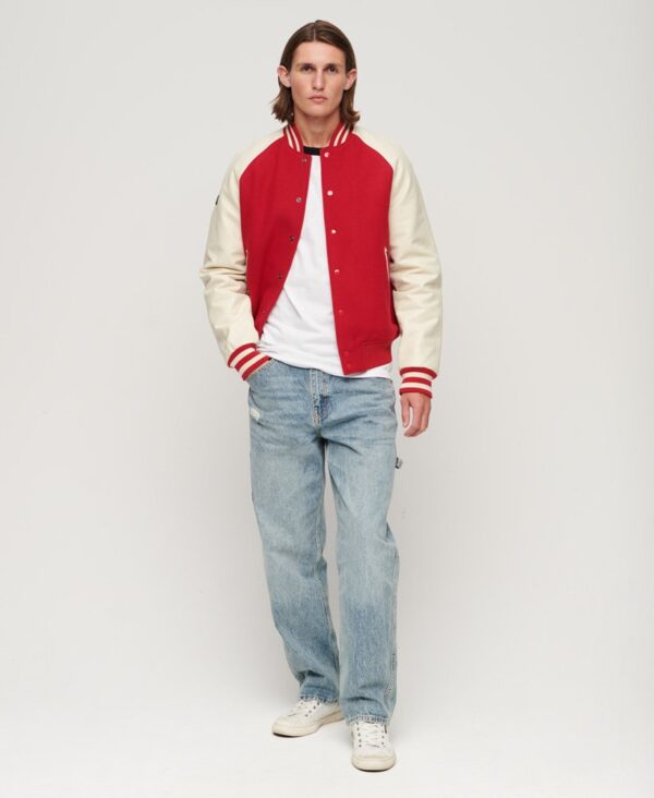 Men’s Leather Varsity Jacket In Red & White Sleeves