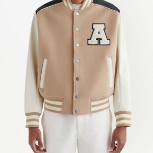 Men’s Beige Leather Varsity Jacket With White Sleeves