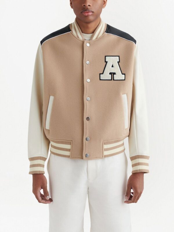 Men’s Beige Leather Varsity Jacket With White Sleeves