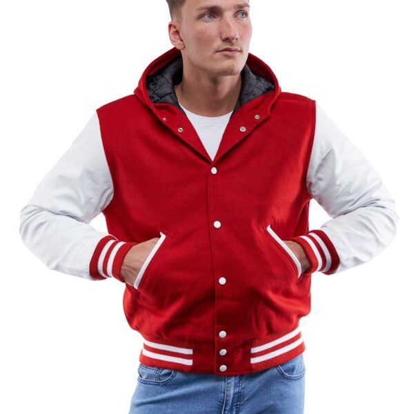 Men’s Hooded Varsity Leather Jacket In Red