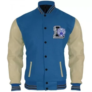 Men’s Sky Blue Varsity Leather Jacket With White Sleeves