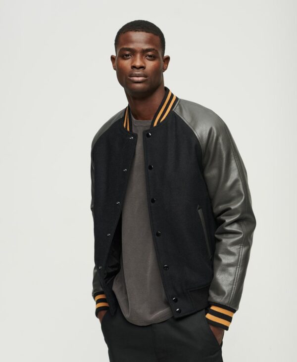 Men’s Varsity Bomber Leather Jacket In Black