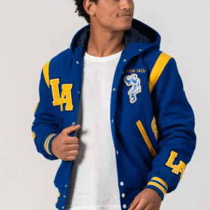 Men’s Varsity Hooded Leather Jacket In Blue