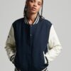 Women’s Blue Leather Varsity Jacket With White Sleeves