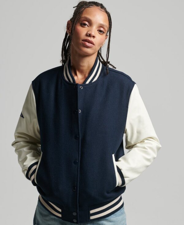 Women’s Blue Leather Varsity Jacket With White Sleeves