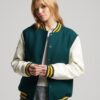 Women’s Green Leather Varsity Jacket With White Sleeves