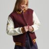 Women’s Maroon Leather Varsity Jacket With White Sleeves