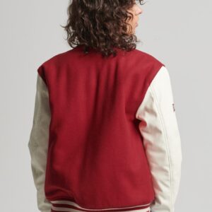 Women’s Red Leather Varsity Jacket With White Sleeves