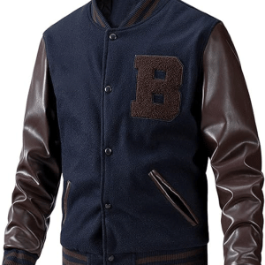 Men’s Blue Leather Varsity Jacket With Coffee Brown Sleeves