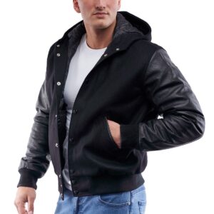 Men’s Hooded Leather Varsity Jacket In Black
