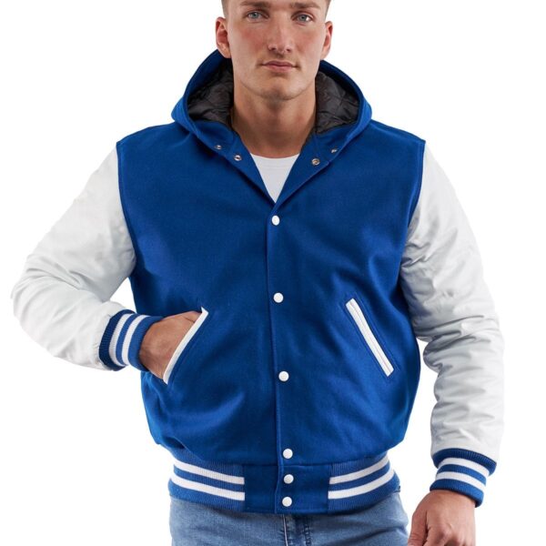 Men’s Hooded Leather Varsity Jacket In Blue