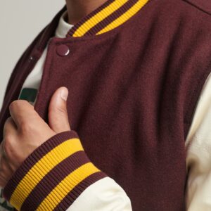 Men’s Leather Varsity Jacket In Dark Brown & White Sleeves