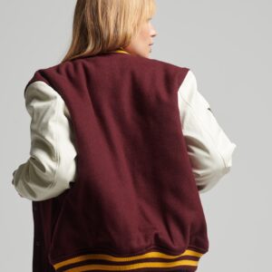 Women’s Maroon Leather Varsity Jacket With White Sleeves