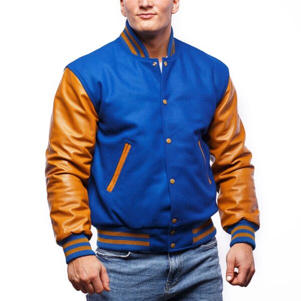 Men’s Blue Leather Varsity Jacket With Brown Sleeves