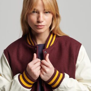 Women’s Maroon Leather Varsity Jacket With White Sleeves