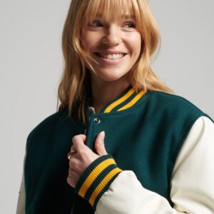 Women’s Green Leather Varsity Jacket With White Sleeves