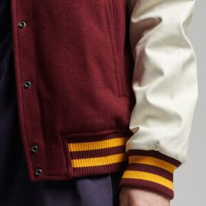 Women’s Maroon Leather Varsity Jacket With White Sleeves