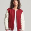 Women’s Red Leather Varsity Jacket With White Sleeves