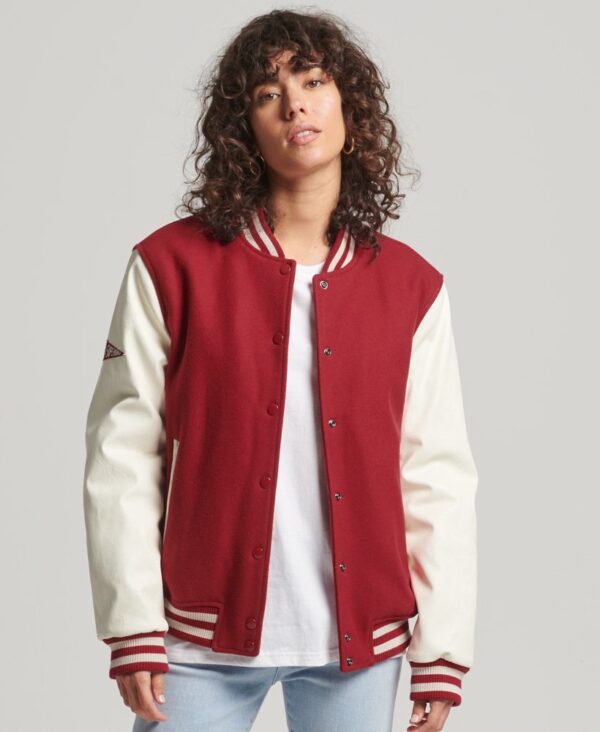 Women’s Red Leather Varsity Jacket With White Sleeves